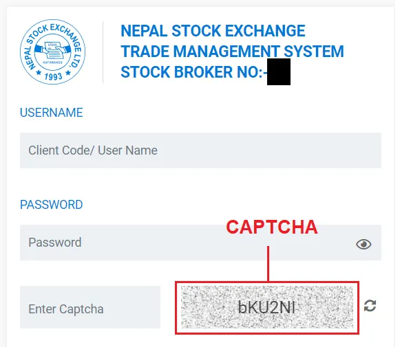 The TMS login form with its captcha