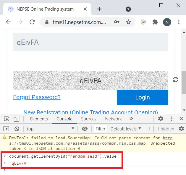 Browser dev tools showing the captcha text in the DOM