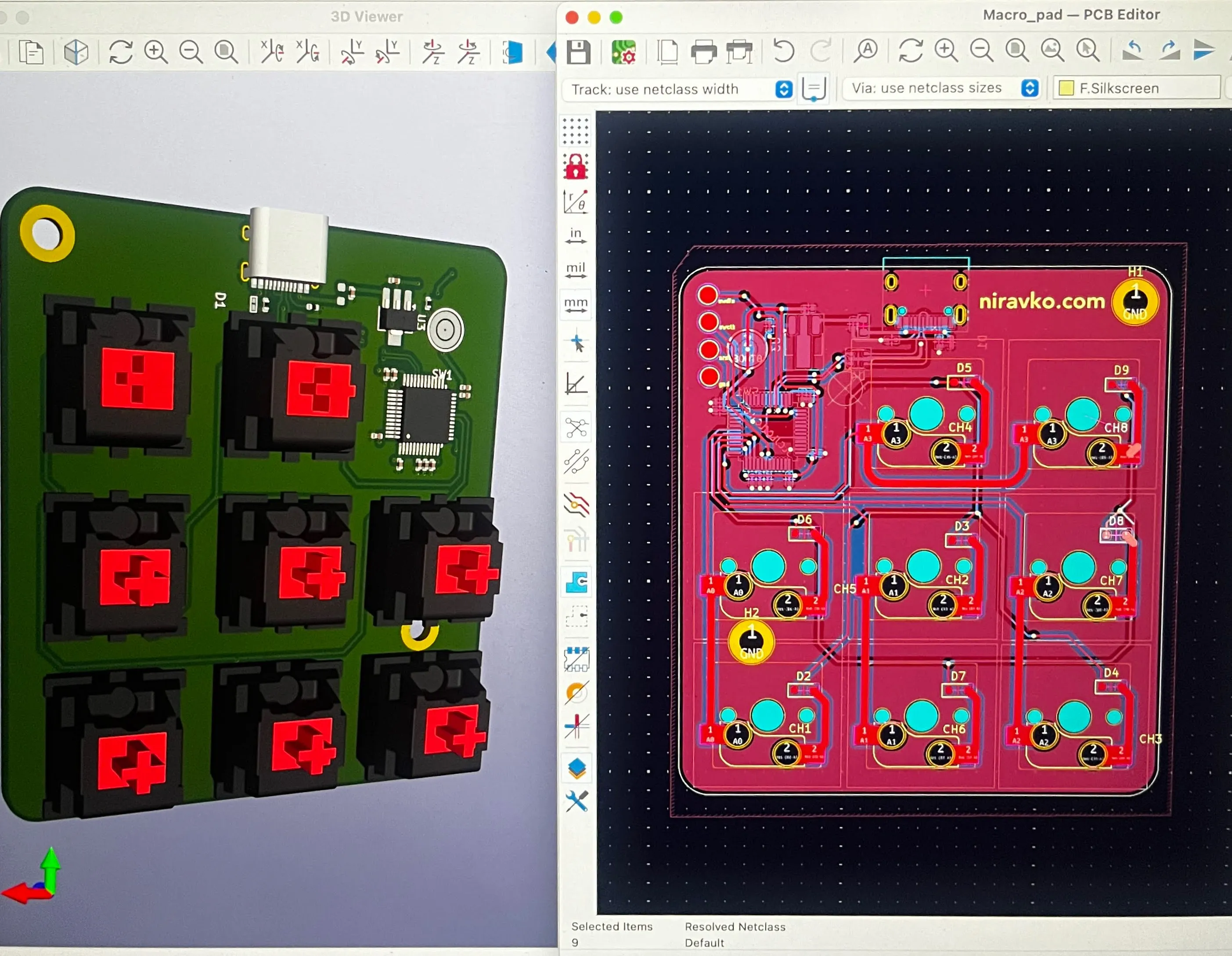 The macropad's PCB in 3D and in the KiCad layout editor